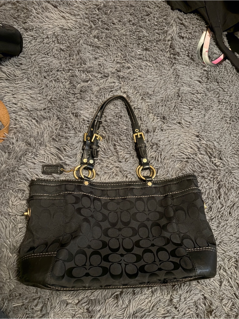 Coach Black Signature Shoulder Tote with Gold Hardware